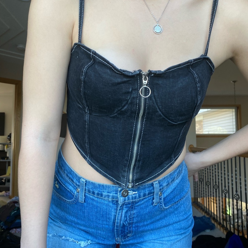 nasty gal black denim zip up corset